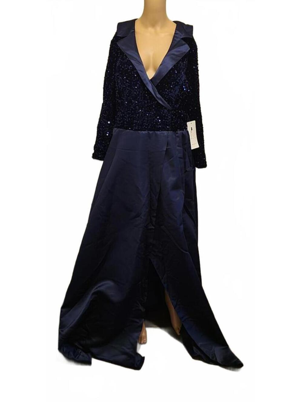 Women's Elegant Navy Blue Sequin Evening Prom wedding Party Gown Plus Slit Dress - Picture 2 of 9